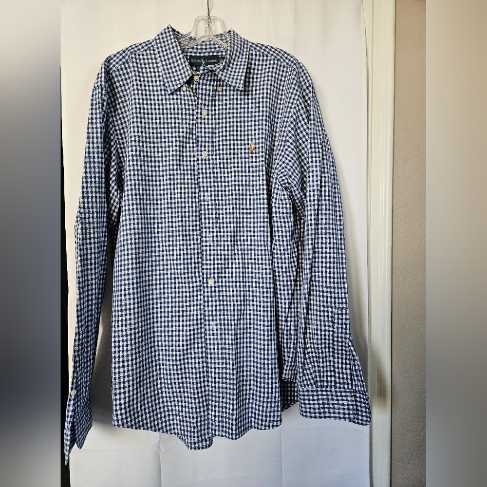 Ralph Lauren classic fit gingham blue long sleeve shirt size XL‎